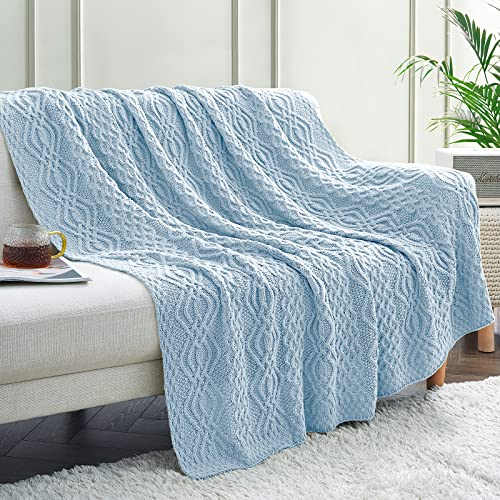 Aormenzy Hellblaue Zopfstrick-Überwurfdecke, weiche und warme Strickdecke, Überwurf für Couch, Bett, Sofa, Wohnzimmer, 127 x 152,4 cm