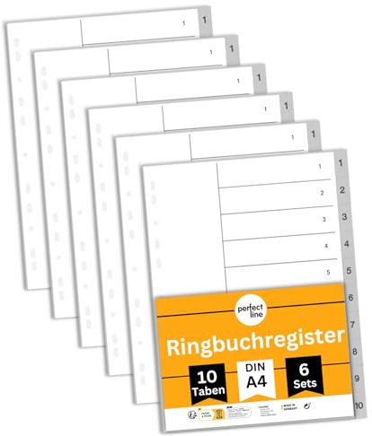 perfect line Ordner-Register DIN-A4 aus Kunststoff (PP), 10 Taben (10-teilig), 6er Set, Grau, Trennblätter für Akten-Ordner, recycelbar, MADE IN GERMANY