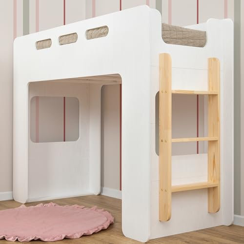 SMARTWOOD Mimi A Hochbett 80x160 mit Lattenrost und Rausfallschutz - Holz Kinderbett für Jungen und Mädchen - vielseitiges Montessori Bett Mit Rausfallschutz und Lattenrost 160x80 - Weiß