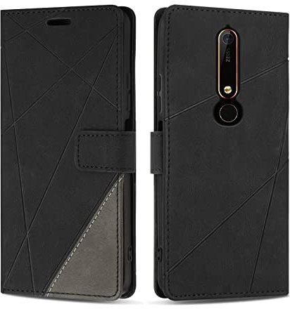 SONWO Hülle für Nokia 6.1, Premium PU Leder Handyhülle Flip Case Wallet Silikon Schutzhülle Klapphülle für Nokia 6.1, Schwarz