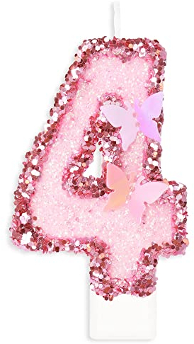 Geburtstagskerzen Zahlen 4, Schmetterling Kerzen Geburtstag, Personalisierte Geburtstagskerzen Kinder, Rosa Tortendeko 4 Geburtstag, Glitzernde Kuchendeko für KinderGeburtstags, Erwachsenen-Jubiläum