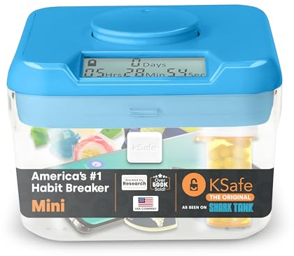 KSafe Timer Lock Box for Phones, Snacks & Medications - Cell Phone Jail & Food Safe with Timer - Time Locking Container for Better Habits & Addiction Management (Mini, Blue Lid + 3.0” Clear Base)
