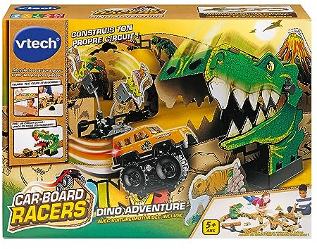 VTech - Car-Board Racers, Circuit Voitures Dino Adventure, Pistes de Course en Carton Recyclé* Extensibles à l’Infini avec Voiture Tout-Terrain Motorisée, Cadeau Enfant Dès 5 Ans - Contenu en Français