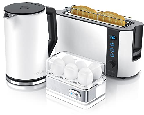 arendo Ensembles Bouilloire et Grille-Pain et cuiseur à Oeufs Bouilloire en INOX 1,5L 40°-100°C, Toaster 2 Tranches Ecran LED 6 Niveaux de brunissage Cuiseur à Oeufs 1-6 Oeufs, Verre doseur, Blanc