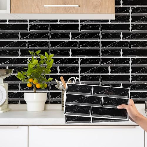 Decoroom Tile Stickers Black 12pcs/15x30cm Peel and Stick Vinyl Brick Self Adhesive Wall Tiles Waterproof DIY Home Decor Stick on Kitchen Transfers Bathroom Backsplash