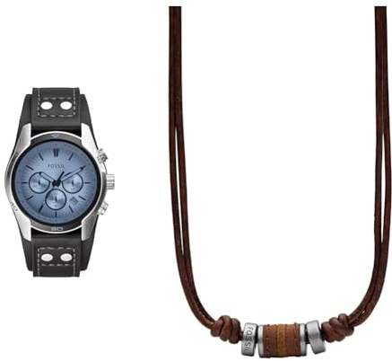Fossil Coachman Uhr für Herren, Chronographenwerk mit Edelstahl- oder Lederarmband, Blau, 45MM & Herren Halskette aus Edelstahl und Leder 0.6 x 41.1 x 2.2
