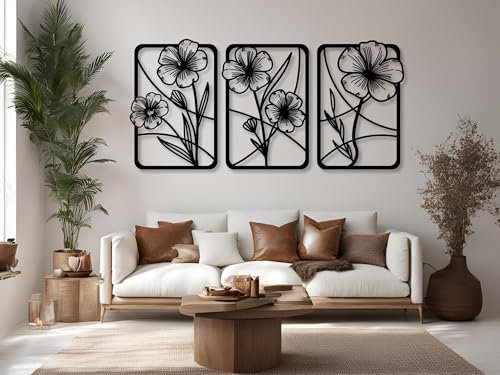 VAILLA 3er set Blumen Wanddeko, Blume Wanddekoration aus Holz, Wandbilder Home Dekoration, 3D Wall Art, Große Wand Deko, Bilder für Schlafzimmer, Wohnzimmer und Küche (Blumen 3)