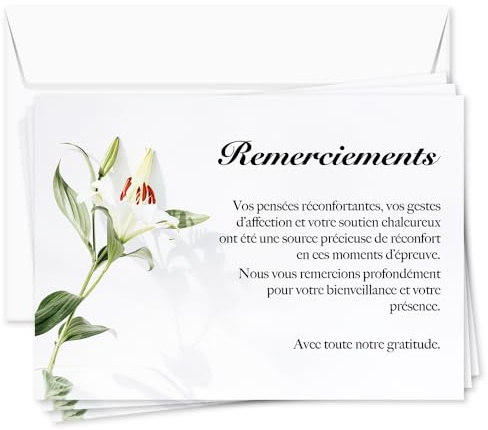 UTTSCHEID Cartes Remerciement Deuil A6 – Fleurs de Lys 10 | Papier Couché 350 g/m² – Enveloppes Blanches Incluses – Impression Recto – Plusieurs Quantités