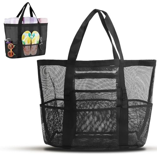 Dncvb Große Strandtasche Netztasche für Sandspielzeug TragbareMesh Strandspielzeug Tasche Schwarz Sandspielzeug Netztasche mit Großer Kapazität Geeignet für Pool, Strand, Reisen