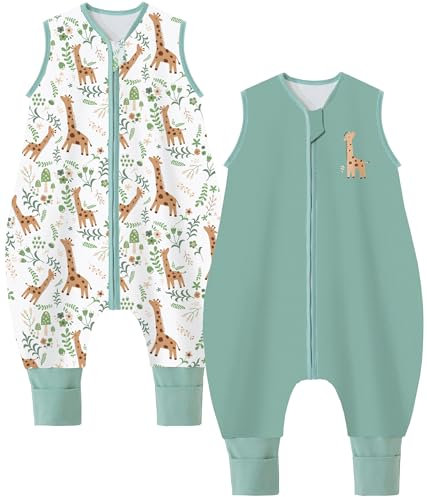 Chilsuessy Baby Schlafsack mit Beinen 1.5 Tog Schlafsack 2er Pack 100% Baumwolle Ganzjahres Schlafsack mit Füßen Babyschlafsack Schlafsack Kinder, 1.5 Tog/Grün + Giraffe, 80cm/Baby Höhe 85-95cm