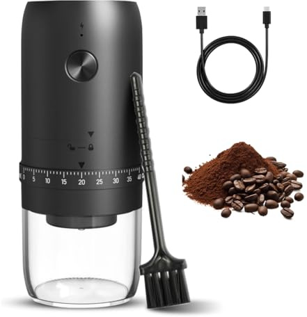 RANJIMA Tragbare Elektrische Kaffeemühle, Keramik-Mahlwerk 40 Mahlgrade | USB-C Aufladbar mit 1800mAh Akku, kompakt für Reise, Camping, Büro und Küche