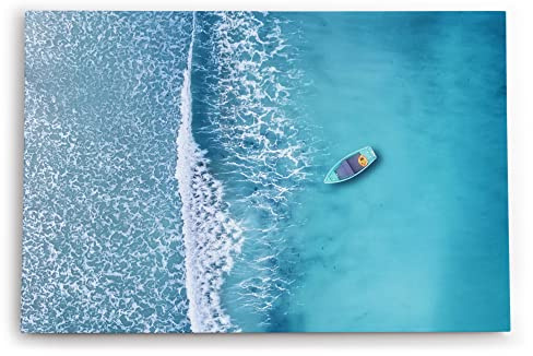 Paul Sinus Wandbild 60x40cm Dekorative Kunst Luftaufnahme Strand Boot Blau Meer Wellen Vogelperspektive