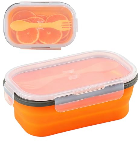 Rthynti 1000ml Silicone Bento Lunch Box, Collapsible Food Storage Containers with Lid and 2 in 1 Spoon Fork, Retractable Lunch Box for School, Traveling, Working, Camping