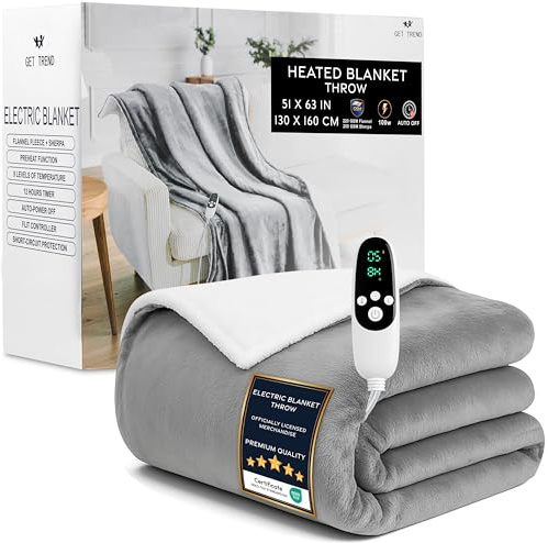 Get Trend Coperta Elettrica 130x160 cm, Plaid Riscaldante in Pile Sherpa, 9 Livelli, Timer 12 Ore, Spegnimento Automatico, Idea Regalo Cosy (Grigio Chiaro, Plaid EU)