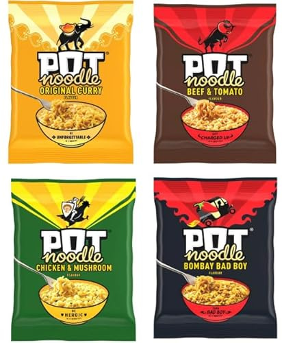 Pot Noodle Variety Pack, Instant Noodles, Original Curry, Beef & Tomato, Chicken & Mushroom, Bombay Bad Boy Flavours - (Pack of 4)