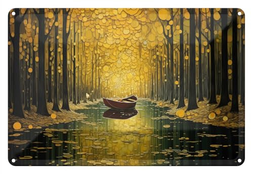 Wallario Blechschild Wandbild aus Metall Boot im goldenen Licht - 20 x 30 cm in Premium-Qualität: Brillante Farben