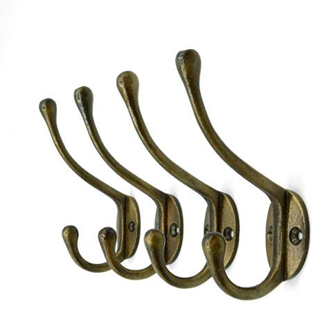 CRAFTSMAN ROAD Vintage Cast Iron Wall Hooks Rustic Country Style Coat Hooks | Coats Bags Towels Hats Classic Slim Antique Brass Finish Set of 4