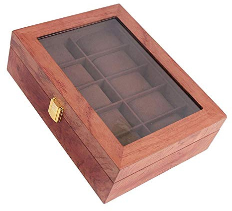 Bonarty Uhrenkoffer für 10 Uhren, Holz Uhrenbox Uhrenkasten Uhrenvitrine Uhrentruhe Uhrenschatulle Schmuckkästchen mit Glasfenster und Samt Futter - Rotton