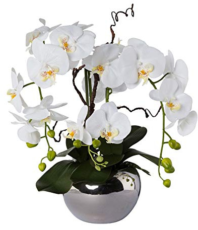 wohnfuehlidee Artificial Orchid Arrangement with Silver Pot Height 55 cm White