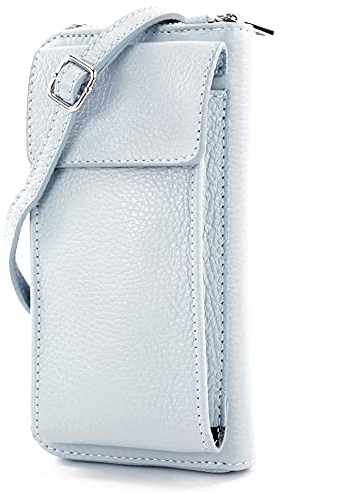 modamoda de P06 Damen Leder Umhängetasche Geldbörse Handytasche 6,5 Zoll handmade in Italy, Farbe:Eisblau