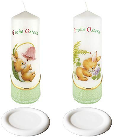 AUSWAHL * 2 Stück Osterkerze Stumpenkerze Osterdeko * 6 x 18 cm * inkl. 2 Kerzenuntersetzer aus Keramik * mit farbigen Wachs- und Bildauflagen * AUSWAHL Motiv + Farbe * grün * (Serie 1 - Set 01/02)