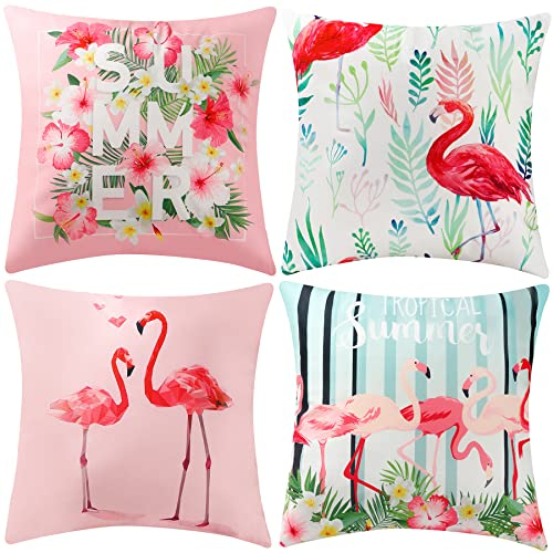 4 Stück Flamingo Kissenbezüge 45 * 45 cm Dekorative Rosa Vogel Überwurf Kissenbezug Tropische Blätter Kopfkissenbezug für Sofa Couch Sommer Urlaub Wohnkultur