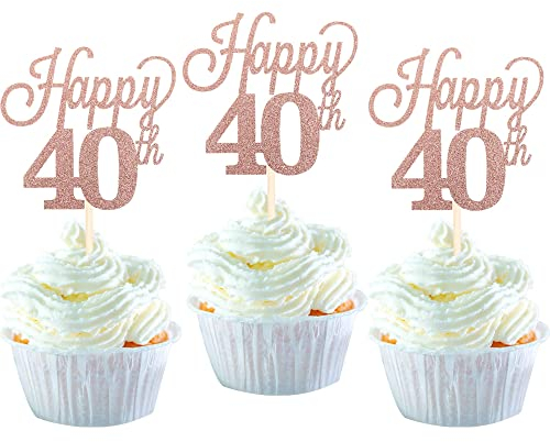 SYKYCTCY 24 Pack Happy 40th Cupcake Toppers Glitter Number 40 Forty Sweet 40 Cupcake Picks 40th Birthday Wedding Anniversary Party Cake Decorations Supplies Rose Gold
