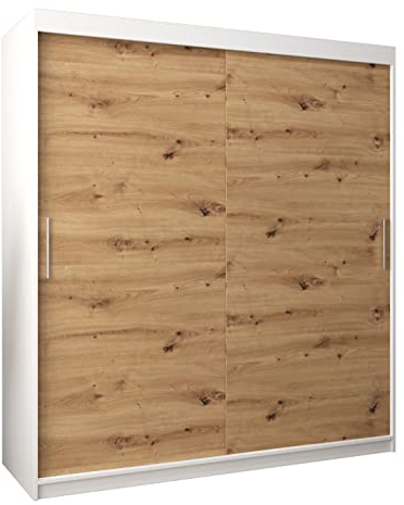 MEBLE KRYSPOL Tokyo 180 Kleiderschrank mit Zwei Schiebetüren für Schlafzimmer – moderner Aufbewahrungsschrank mit Kleiderstange und Regalen – 180x200x62cm - Mattweiß + Artisan