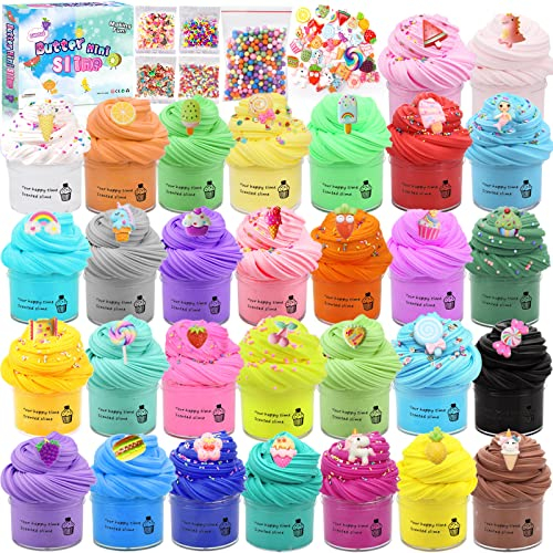30 pcs Mini Slime Fluffy kit pour Enfants Butter Slime avec Breloques de Mini Slime,Cotillons de Slime Parfumés,Jouet de Mastic Anti-Stress de Bricolage Déjà Fait Cadeau Jouet