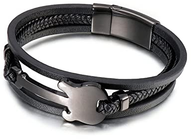 Whoiy Bracelet Cuir Tressé Homme Noir, Inoxydable avec Charm Guitare, 20.9cm