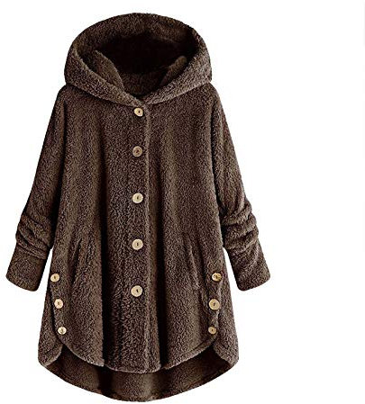 Jaihank Masrin Plus Size Wollmantel mit Kapuze Damen Knopf offener Hemdmantel Einfarbige Plüsch Winterjacke Dicker Warmer Wintermantel Unregelmäßiger Saum Plüschmantel Übergröße Übergangsjacke S-5XL