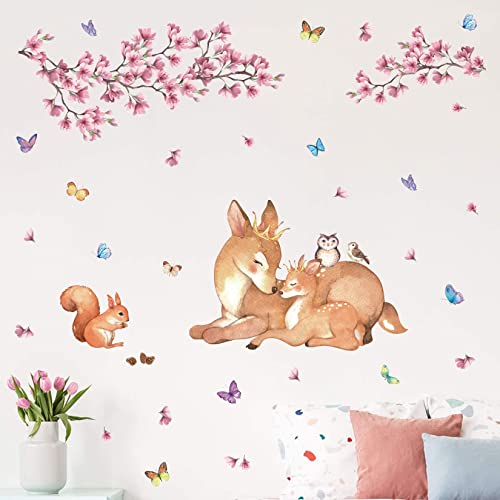 ANHUIB Tierische Wandaufkleber,Hirsch Wandaufkleber,Wandsticker Eichhörnchen,Wandtattoo Rosa Blumen und Schmetterlingen für Mädchenzimmer Deko,Wandsticker Kinderzimmer Babyzimmer Schlafzimmer Wanddeko