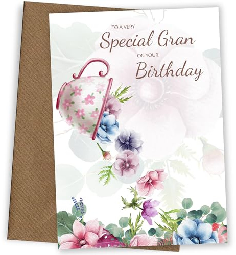 Traditional Gran Birthday Card for Her - Special Grandma Floral Tea Cup Bday Cards with Lovely Words - 50th 60th 70th 80th 90th, Birthday Card, Gran