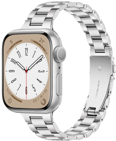 Vamyzji Metallband Kompatibel mit Apple Watch Armband 42mm(Series 10) 41mm 40mm 38mm für Damen/Männer, Edelstahl Slim Metall Silber Apple Watch Armband für SE, Serie 10 9 8 7 6 5 4 3 2 1(Silber)
