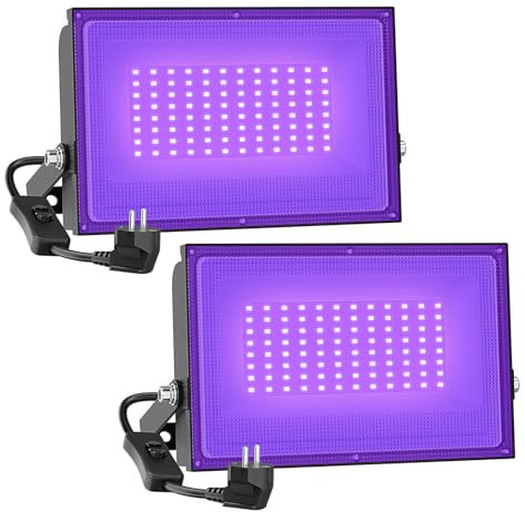 Onforu 2 er 100W LED UV Strahler, Schwarzlicht Strahler mit Stecker, IP66 Wasserdicht Schwarzlichtlampe, UV Licht mit Schalter, Fluoreszenz Neonfarben, UV Lampe für Deko, Party, Disco, Poster, Bühnen