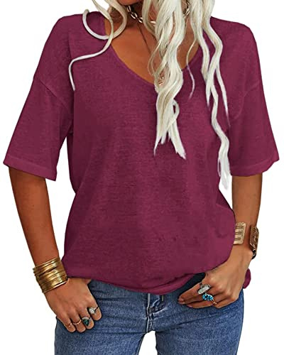 Tankaneo Damen T Shirt V-Ausschnitt Halbarm Oberteile | Longshirt,Tunika,Sommer,Sport,Basic,Baumwolle Top,Lang Bluse,Casual,Locker,Kurzarm