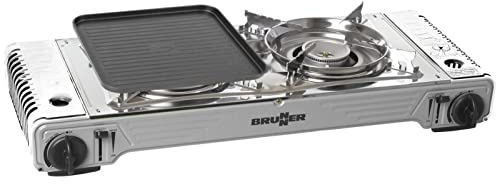 BRUNNER Camping-Kocher Zweiflammig DEVIL DOUBLE GRILL für Gas-Kartuschen | 2-in-1 Tisch Camping-Kocher Edelstahl Gasgrill & Gaskocher für Ventil-Kartuschen +Grillplatte Camper-Van Wohnwagen Wohnmobil