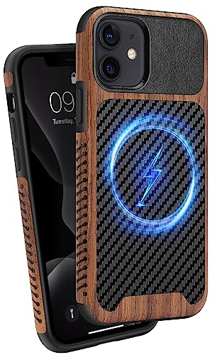 ZZDZZ Magnetisch Hülle für iPhone 11 Hülle [Kompatibel mit MagSafe] Holz und Carbon Leder Design Handyhülle Stoßfest Schutzhülle (Schwarz)