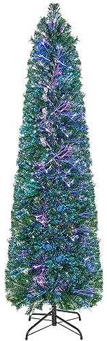RELAX4LIFE Albero di Natale Artificiale Slim 180cm con Fibre Ottiche, Effetto Realistico e Luci Colorate,Base Pieghevole in Ferro