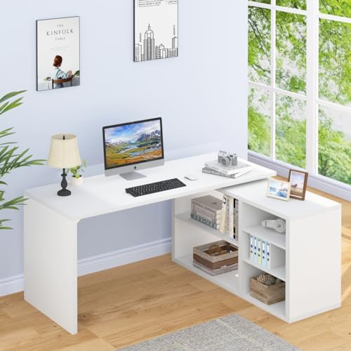 HSH White L Shaped Desk with Shelf, Reversible Modern Home Office Desk Workstation, L Shape Computer Desk with Storage Drawer, Industrial Wood Corner Table for Work Study Writing Gaming, 140 CM