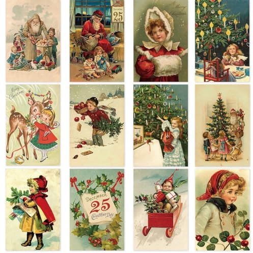 Vintage Weihnachtsgrußkarten, 12 Stück Weihnachtskarten, Postkarte, Weihnachtsgrußkarten, Weihnachtsgrußkarten, Vintage, Winter, Weihnachten, Weihnachtsmann, antike Postkarten-Set, Grußkarten,