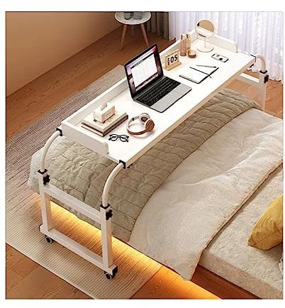 RCJCQSR Bureau Informatique Table De Lit Canapé, Gaming, Roulante pour Ordinateur Portable avec 4 Roulettes (Blanc)