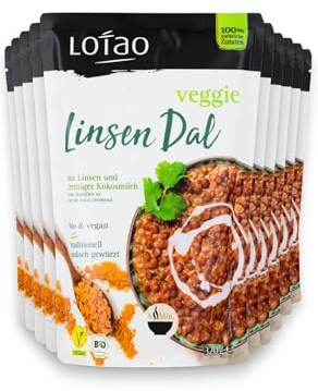 LOTAO Veggie Linsen Dal 10x320g Paket Vegane Fertiggerichte | BIO-Gerichte ohne Zusätze und Soja | Schnell und praktisch: Fertigessen für Mikrowelle und Pfanne | Vegane Lebensmittel für jeden Tag