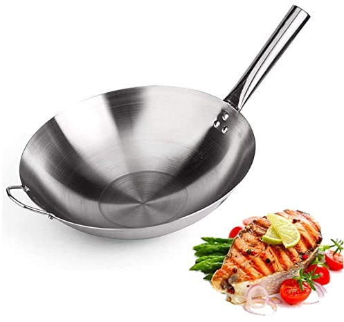 Padella Wok in Acciaio Inossidabile, padelle antiaderenti da 14 Pollici/Wok Cinese con Wok a Fondo Tondo, Wok Cinesi Tradizionali Giapponesi,40 cm ()