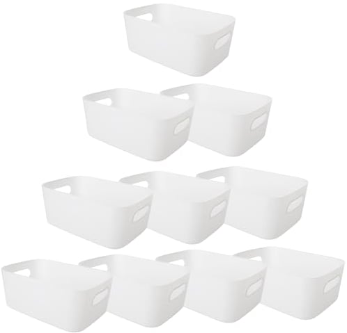 LDXDRU 10 Pack Plastic Storage Boxes, White Storage Basket with Handle, Kitchen Cupboard Organiser Box for Office Home Shelf School - 25 x 17 x 10cm