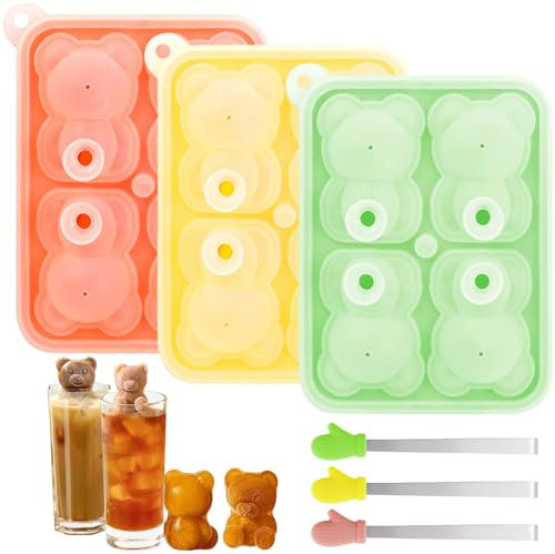 Suuwwn Bär Eiswürfelform,3 Pcs Eiswürfelform Silikon 3D Ice Cube Tray Silicone Eiswürfelformen Eiswürfelform mit Deckel Eiswürfel Form mit Eiszange für DIY Kaffee, Milch, Saft, Eisform