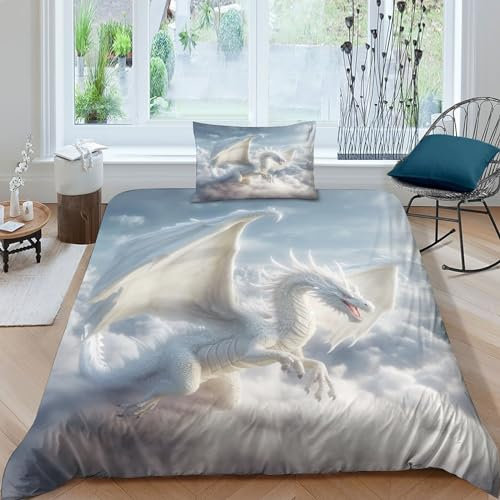 LENTLY Weiß Drache 3D Gedruckter Tier Himmel Mädchen Junge Kinder Bettbezug Set Bettwäschegarnitur Reissverschluss Bettwäsche Weich Microfaser Und Kissenbezüge 2 Teilig Single（135x200cm）