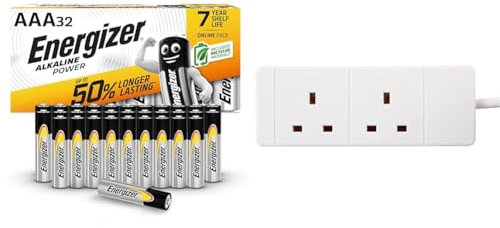 Energizer AAA Batteries, Alkaline Power, Triple A Battery Pack, 32 Pack (Packaging May Vary) & PRO ELEC PELB1510 2 Gang Extension Lead 3m, White