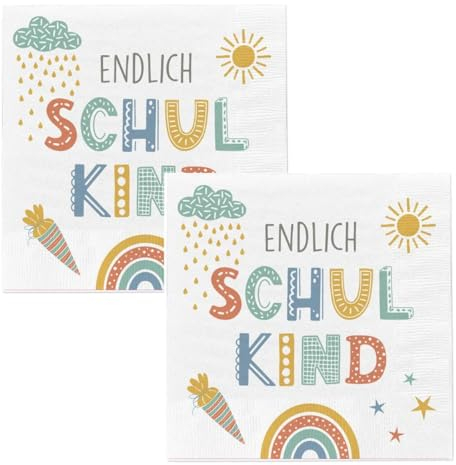 Bada Bing 2er Set mit 40 Stück Servietten mit Spruch ENDLICH SCHULKIND - Tischdekoration für die Einschulung Schulanfang - Moderne weiße Papierservietten als Tischdeko - Party Feiern Deko Vintage