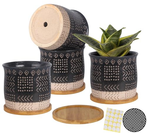 OMAYKEY 4 Stück Keramik Blumentopf mit Bambus Untersetzer, Retro Pflanzgefäße Töpfe mit Drainageloch und Mesh-Pads für Sukkulenten, Schlange, Kaktus, Kräuter